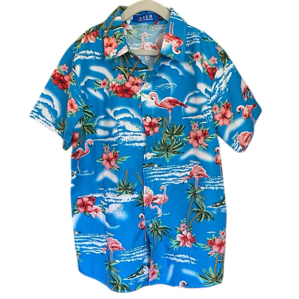 SSLR Boy’s Collection Blue Tropical Flamingo Short-Sleeve Shirt
